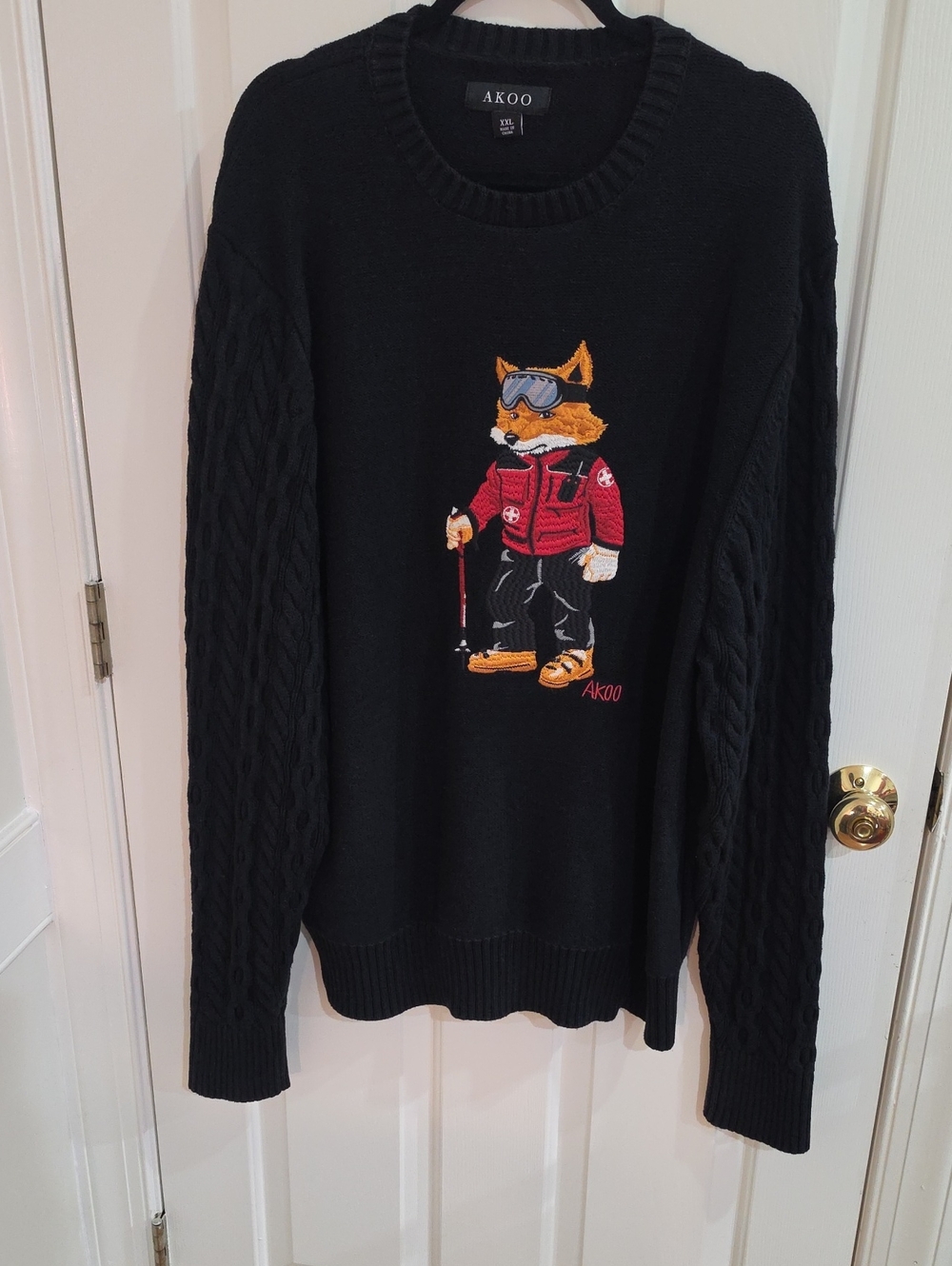 AKOO Black Crewneck Sweater with Skiing Fox Embroidery - Size XXL